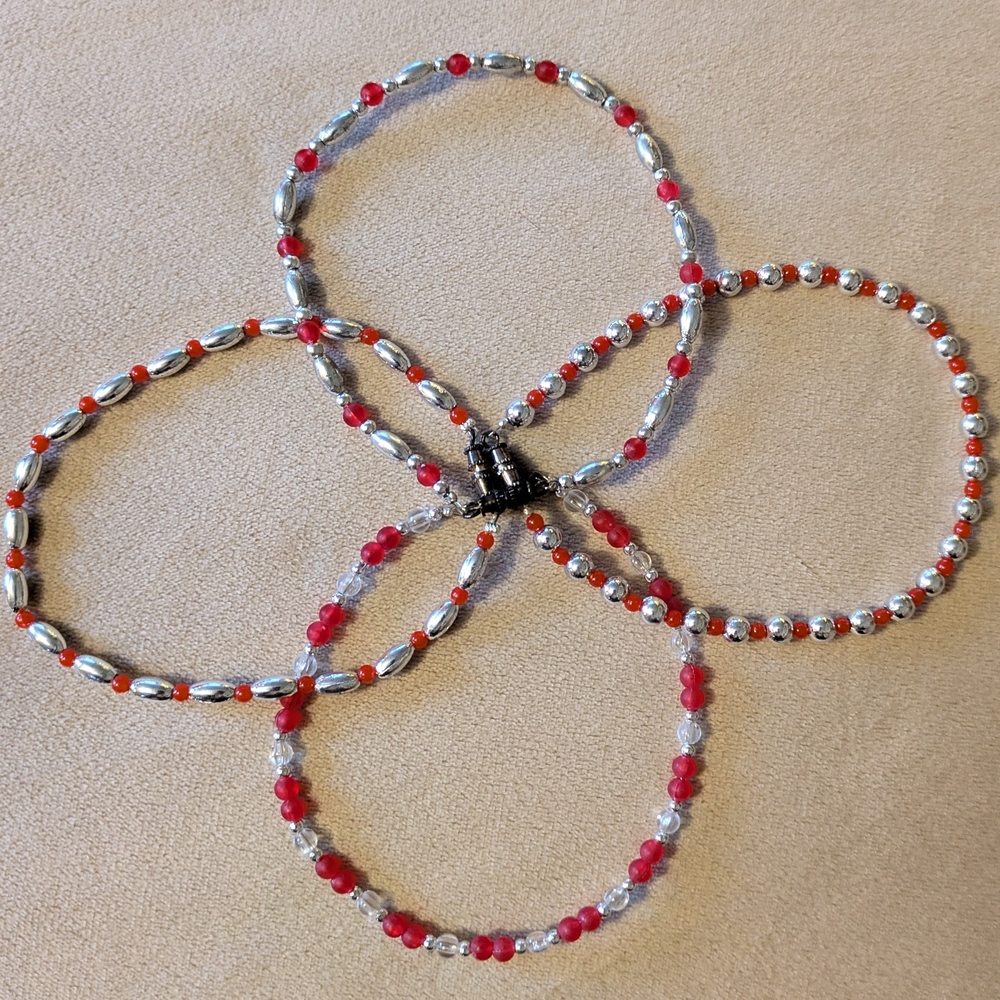 Set of Four Vintage Handmade Red and Silver Tone Ankle Bracelets